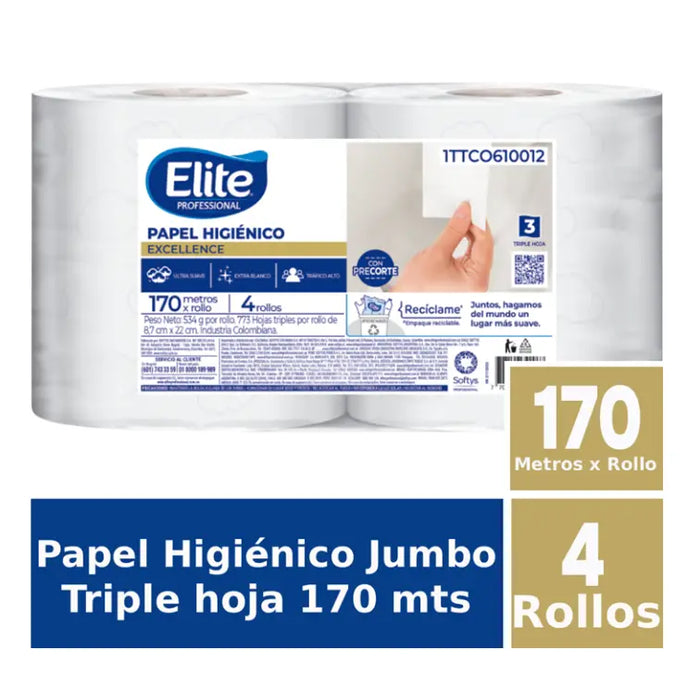 PAPEL HIGIÉNICO ELITE JUMBO TRIPLE HOJA EXTRABLANCO 170 MTS 1TTCO610012